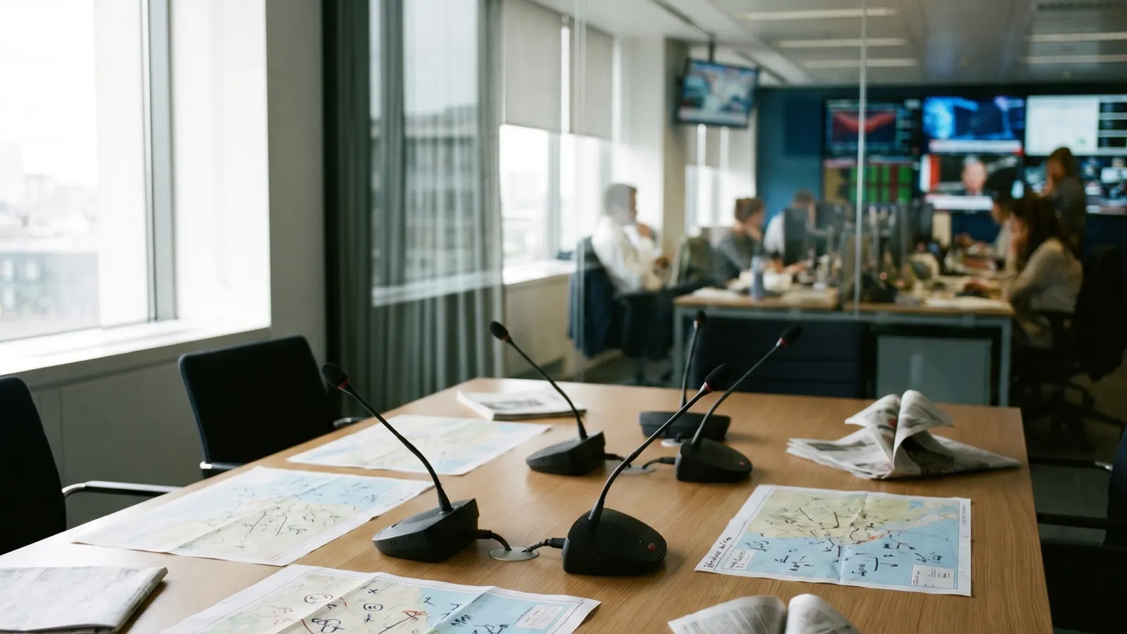 Editorial meeting table prepared for a measured news briefing