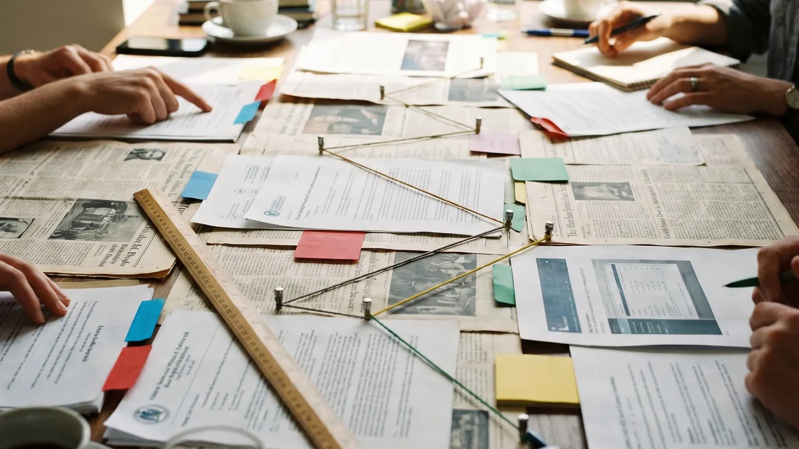 Fact-checking table with layered source material and timeline markers